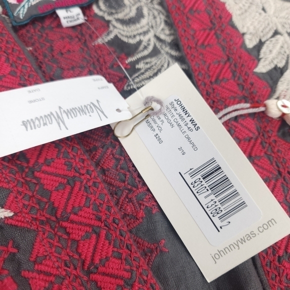 New Johnny Was Charcoal Camille Draped Embroidered Cream Red Cardigan Sz… - Picture 8 of 16